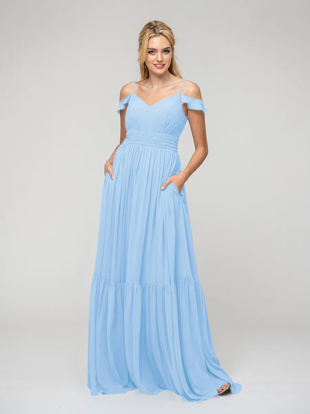 off the shoulder sky blue chiffon bridesmaid dresses