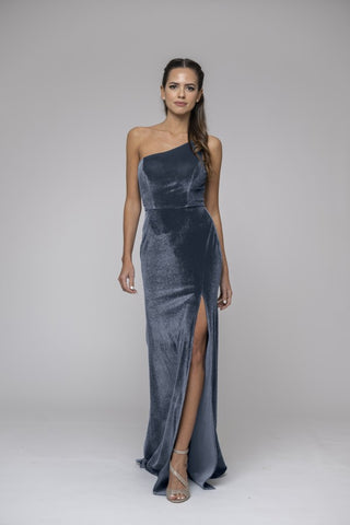 One Shoulder: Thigh Slit Dusty Blue Velvet Bridesmaid Gown