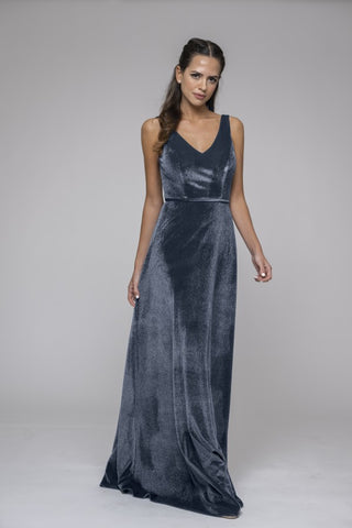 Sleeveless V-neck Velvet Sheath-Column Dusty Blue Bridesmaid Dress 