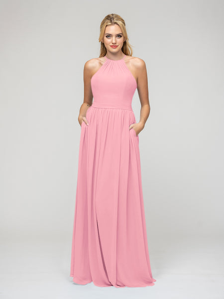 Pleats Bodice Chiffon Halter A Line Bridesmaid Dresses