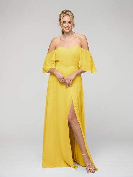 gold flutter sleeve chiffon bridesmaid dresses