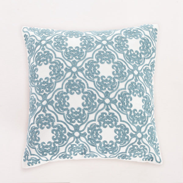 Blue Embroidered Lattice Throw Pillow | Calla Angel