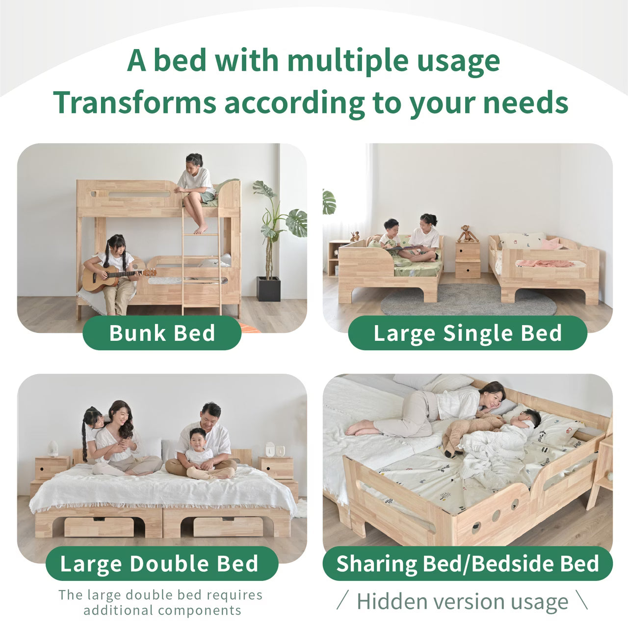 環安傢俱的好眠城實木床組是上下舖,也是單人床,更可以變成雙人床、兒童床邊床。滿足爸媽對上下床、雙層床、單人床的多樣需求,解決小孩因為長大,上下舖不再適用的困擾,大幅延長床組的使用年限。環安家具的好眠城兒童床讓孩子從周歲禮睡到成年禮,夜夜好眠,安心長大!