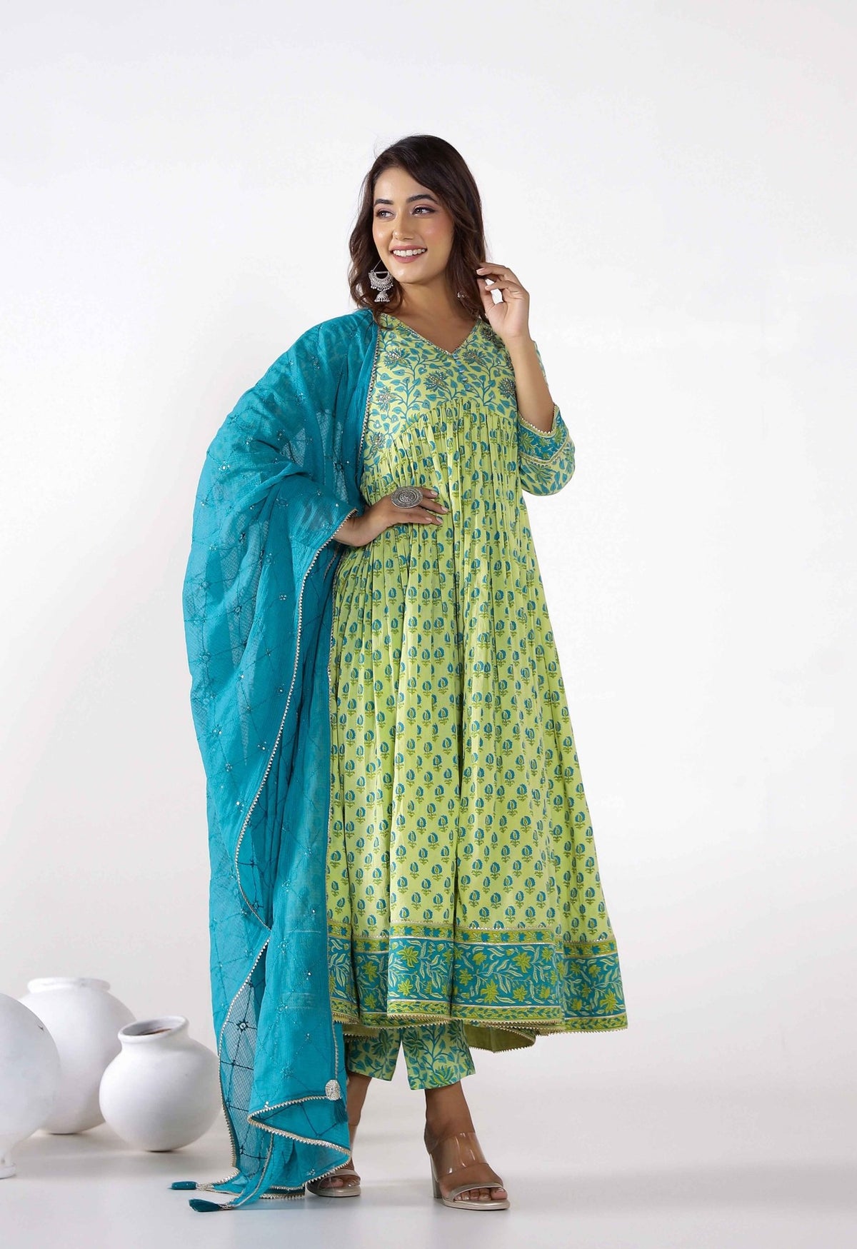 Green Floral Printed kurti with Afghani Pants and Doriya Dupatta (3pc