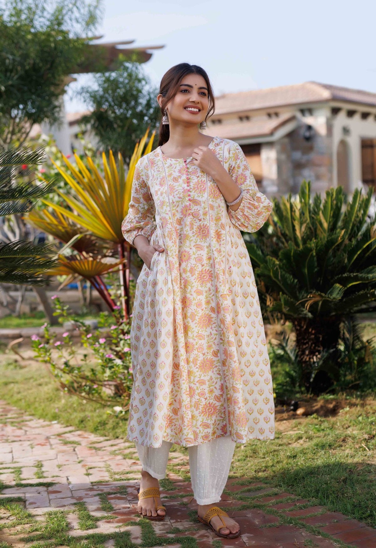 Olive Green Floral Hand block Printed Cotton Kurti Pant Set – Fabru