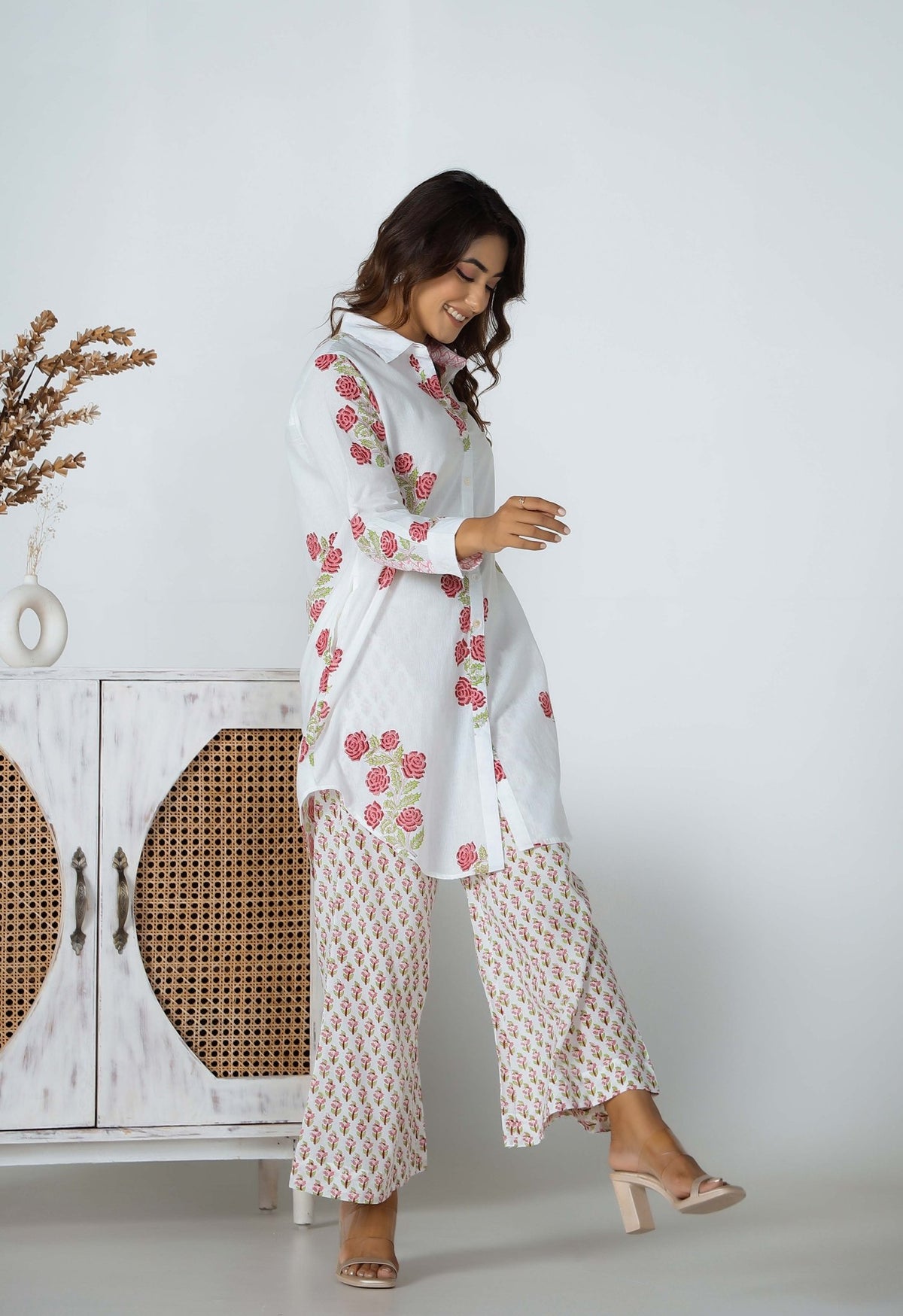 Off-White Modal Satin Floral Printed Co-Ord Set Design by Chhavvi