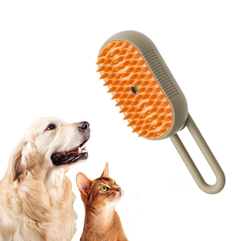 cream dog and brown cat looking to brown-orange dog steamy brush pro. steamy brush pro for dogs