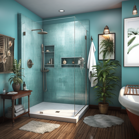 Clean, spa-inspired bathroom with shower, partial bathtub view, plant paintings, and tasteful decor