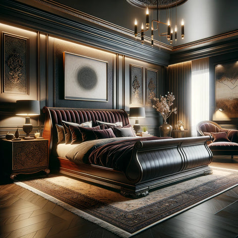 An opulent, dark-toned bedroom with warm ambient lighting, featuring a luxurious sleigh bed, intricate carvings, plush bedding, ornate nightstands, contemporary lamps, abstract art, dark hardwood floors, and a Persian rug, exuding sophisticated comfort and refined elegance.
