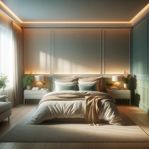Serene bedroom with soft blue and green hues, warm lighting, plush neutral bedding, indoor plants, tidy minimalist decor.