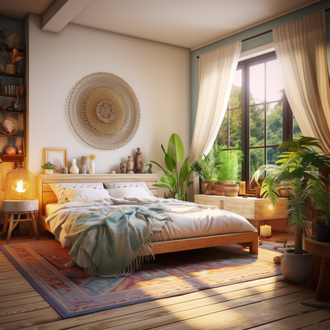 Cozy, well-lit bedroom with a vibrant rug, green plants, wall art, bedside lamp, and a shelf of knick-knacks.