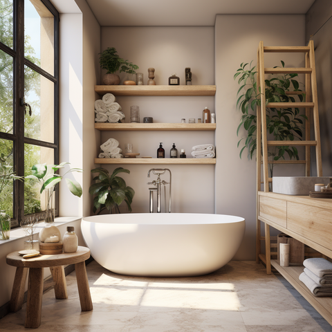 Bathroom styled as a home spa, filled with products, towels, plants, a large window, and abundant natural light.