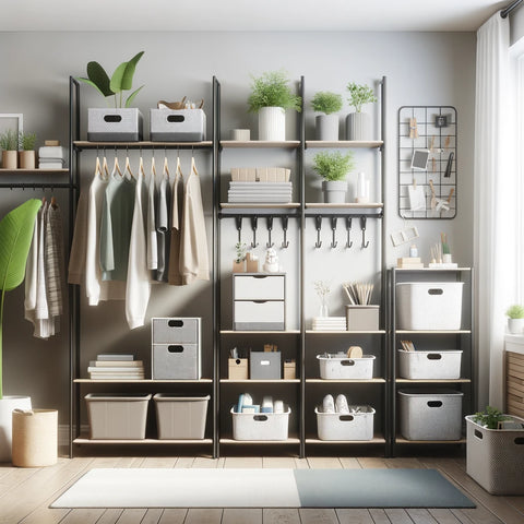 Tidy room with cost-effective shelves, bins, and hooks, showcasing efficient and stylish storage.