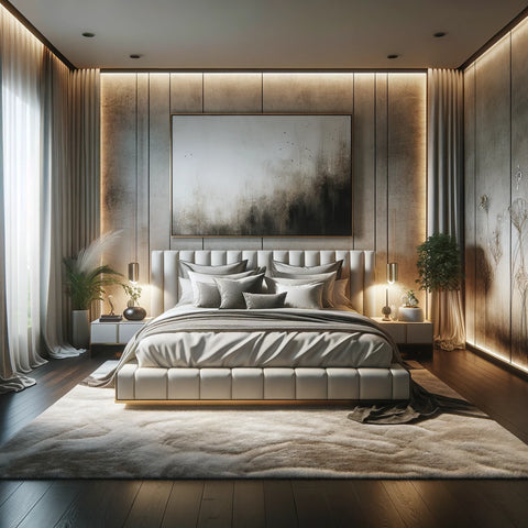 Luxurious bedroom with elegant platform bed, plush headboard, immaculate bedding, ambient lighting, dark hardwood floor, and serene landscape view.