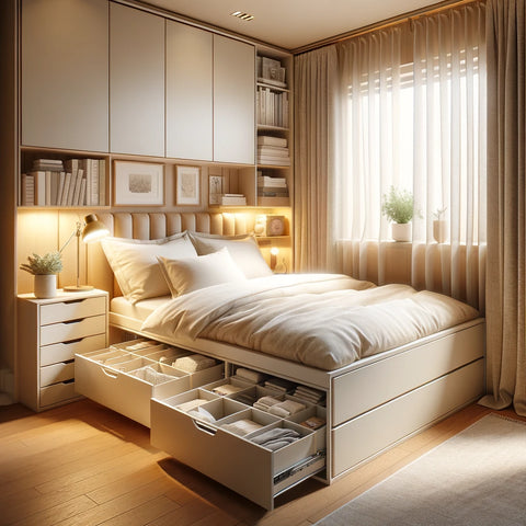 Efficient small bedroom design with a double storage bed, white bedding, drawers with books/linens, cream/brown palette, and soft lighting.