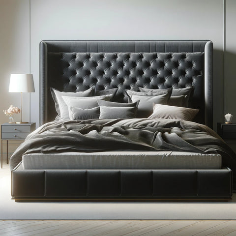Opulent dark grey velvet upholstered bed with plush headboard, lavish bedding, and minimalist nightstand in modern, well-lit bedroom.