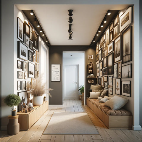 Modern apartment hallway with sleek decor and two walls as an eclectic gallery display.