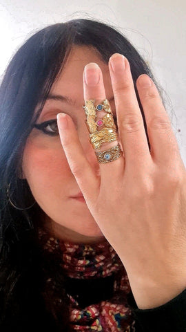 Wearing a stack of Bohemian Rings inspired by Ireland