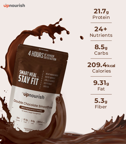 UpNourish Double Chocolate Smoothie is nutritionally complete, keto friendly drinkable meal replacement, that’s packed with all the vital nutrients that your body needs to stay fit. You just got to add the powder to a shaker, mix with water and shake it up. And, your delicious on-the-go meal is ready!