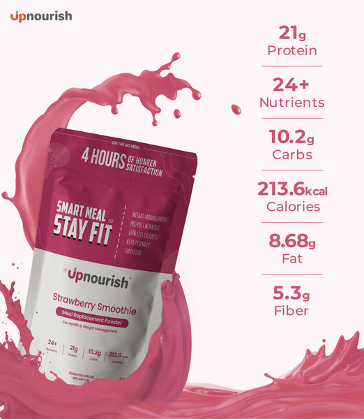 UpNourish  Strawberry Smoothie is nutritionally complete, keto friendly drinkable meal replacement, that’s packed with all the vital nutrients that your body needs to stay fit. You just got to add the powder to a shaker, mix with water and shake it up. And, your delicious on-the-go meal is ready!