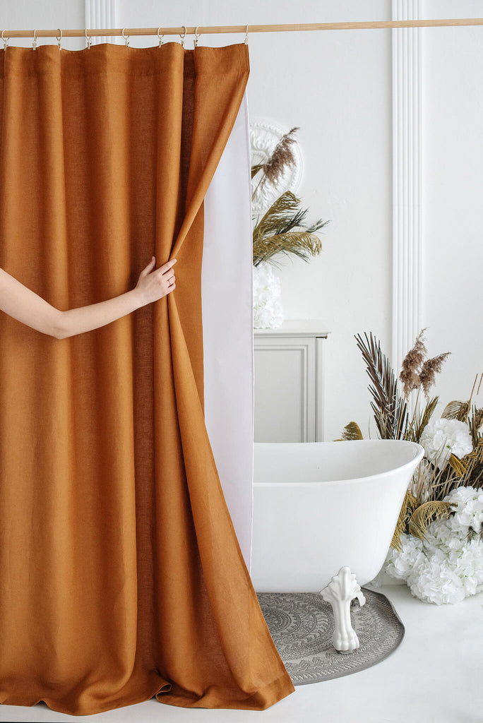 linen shower curtain in amber orange color