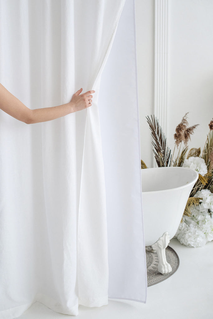 white shower curtain with waterproof lining