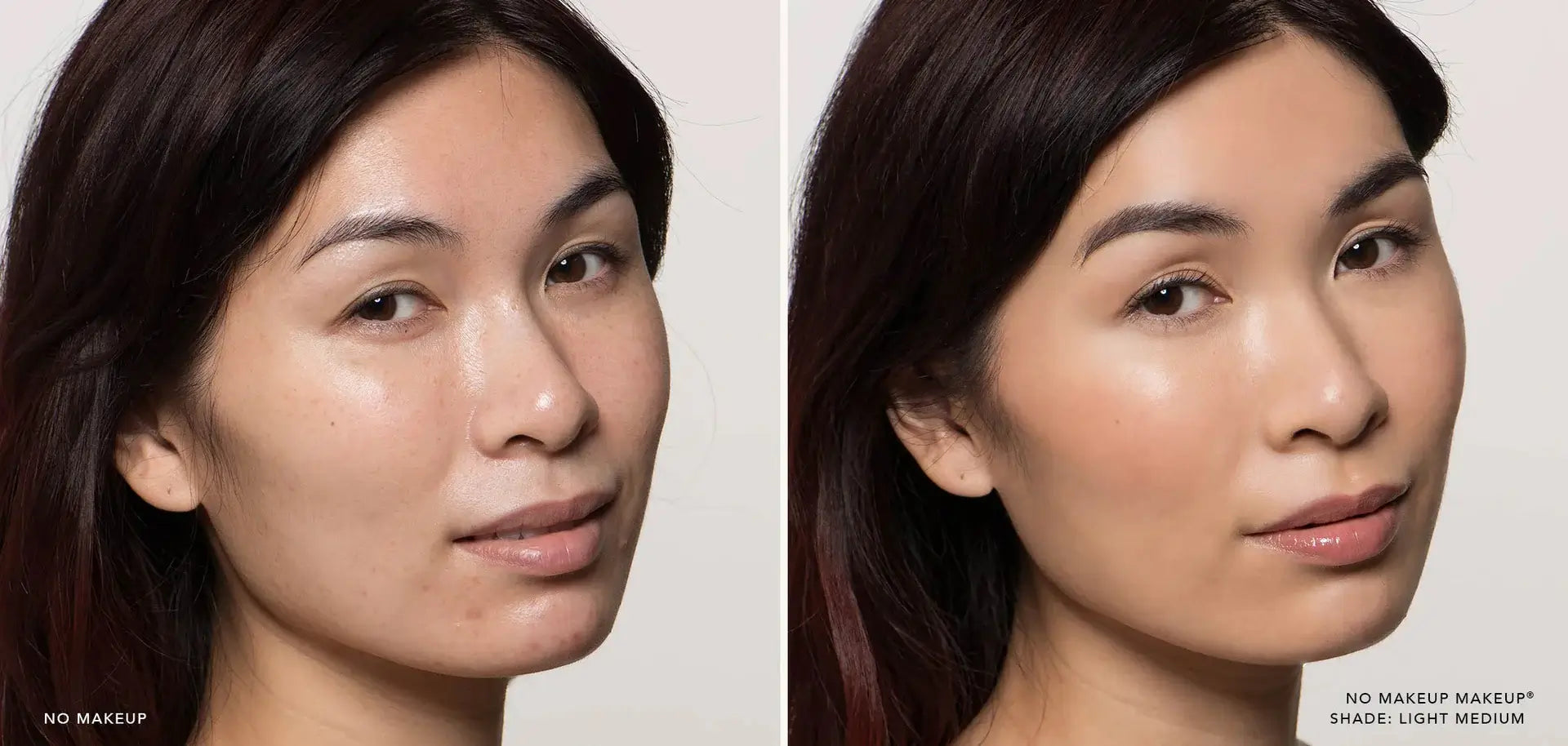 Side-by-side comparison of a woman's face before and after applying light makeup.