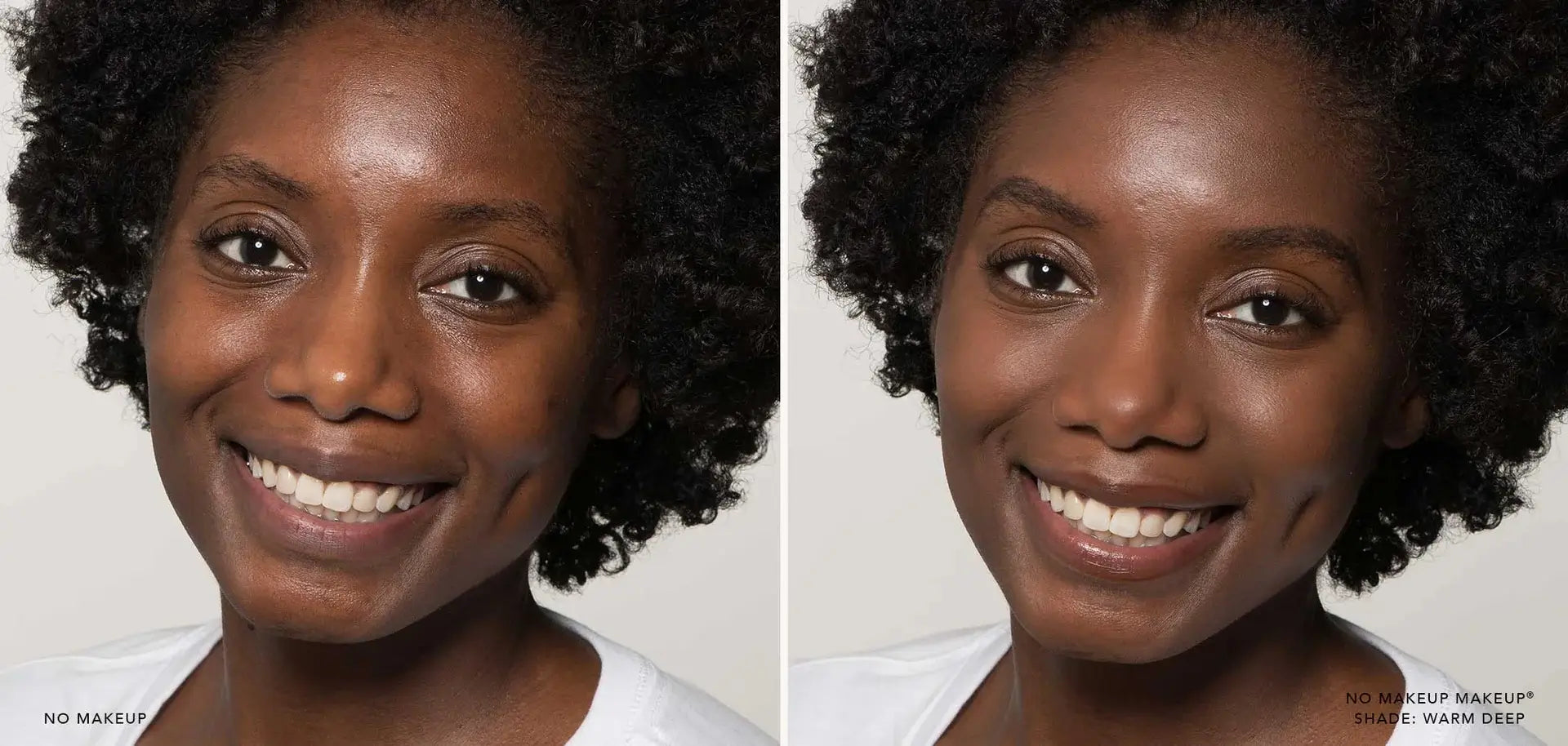 Side-by-side comparison of a woman without makeup and with natural-looking makeup.