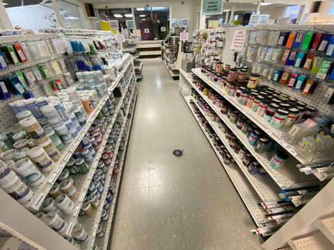 a view from above a wide row of organized glass frit