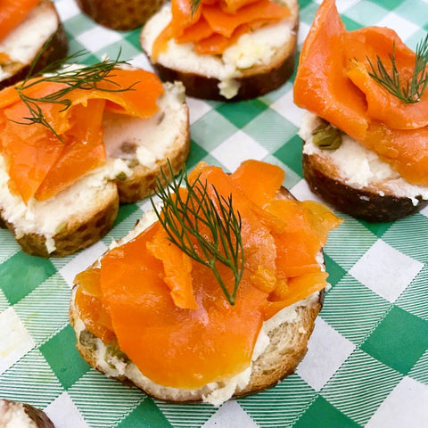 Smoked carrot salmon, cream cheese, capers and dill crostini