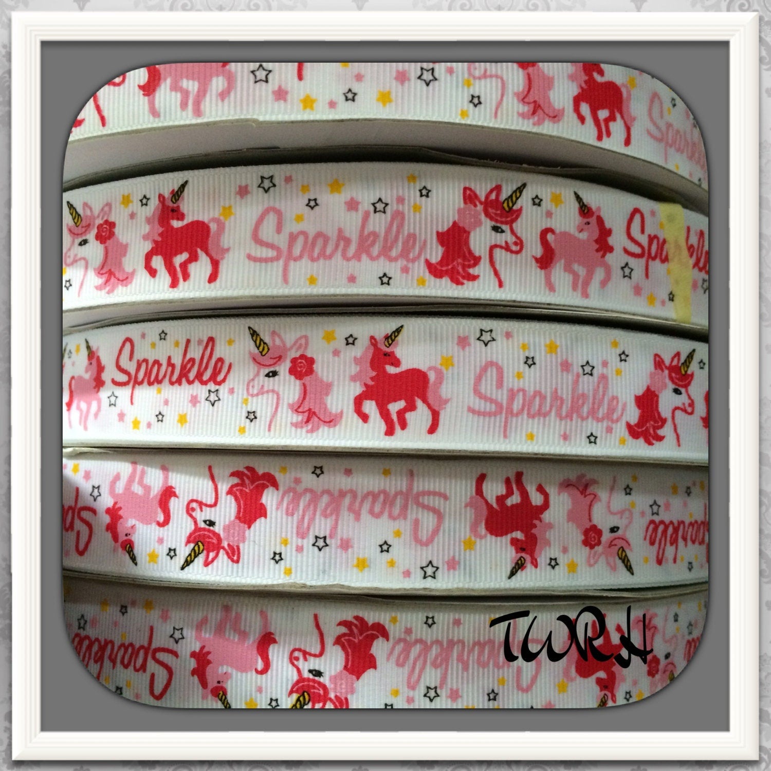 Unicorn Garden MTMG on white grosgrain ribbon 5 yds 7/8" TWRH