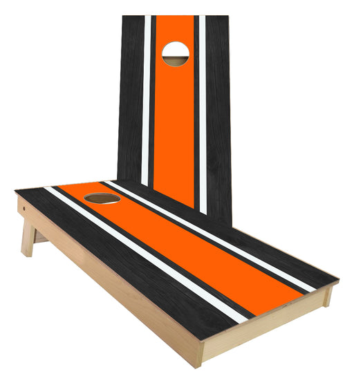 Power Stripe Orange and Black Parquet wood Design Cornhole Boards