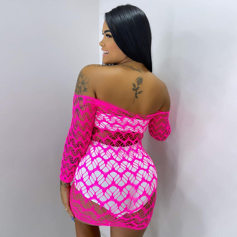 Autumn Solid Color V neck See through Hollow Out Cutout out Fishnet Sexy Sexy Slim Fit High Elastic Dress