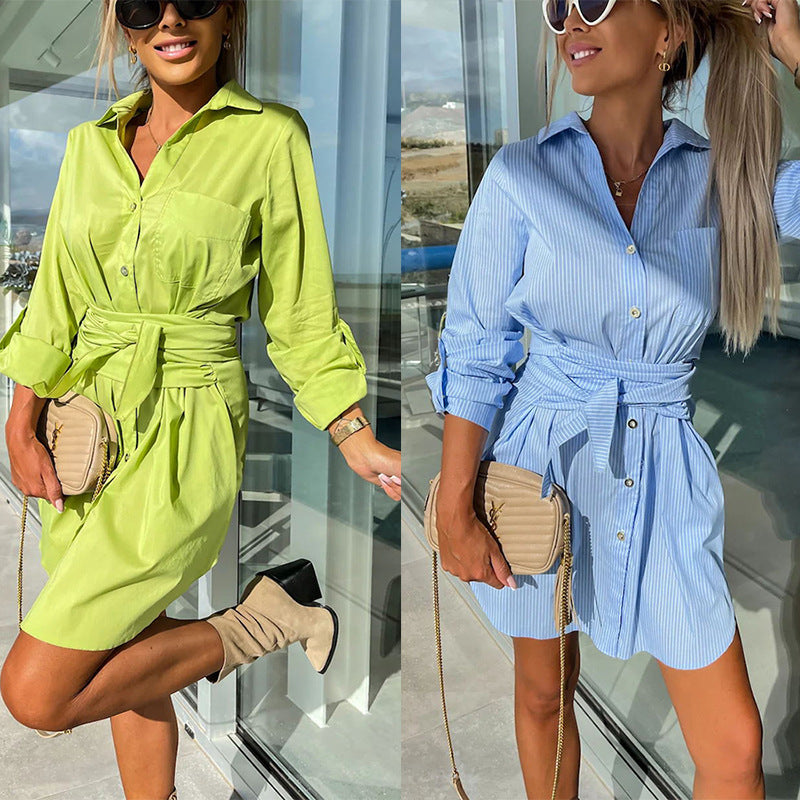 Multi-Color Rolled Sleeves Shirt Dress Women - ANIBEY