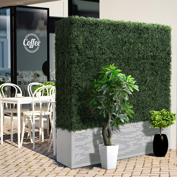 HDPE material of artificial boxwood hedge in gray planter