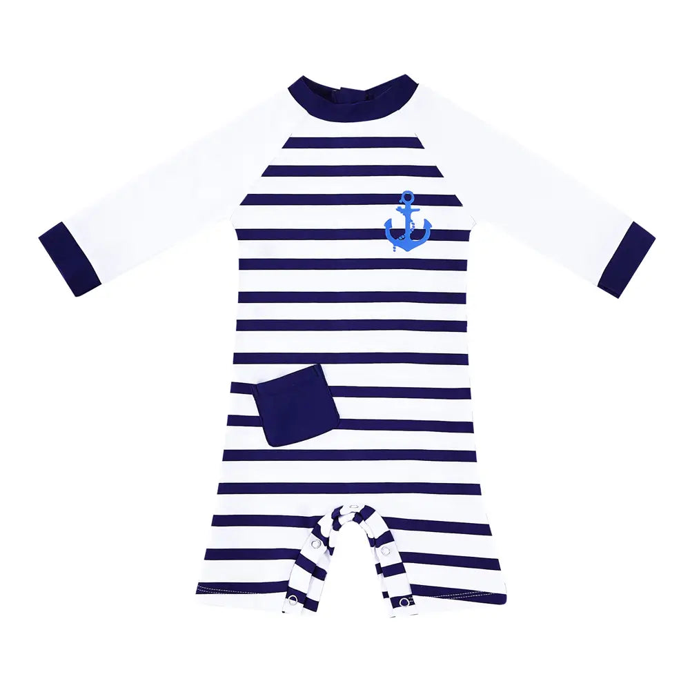 Boy One Piece Swimwear with Snap Button-Striped Anchor Sunsuit