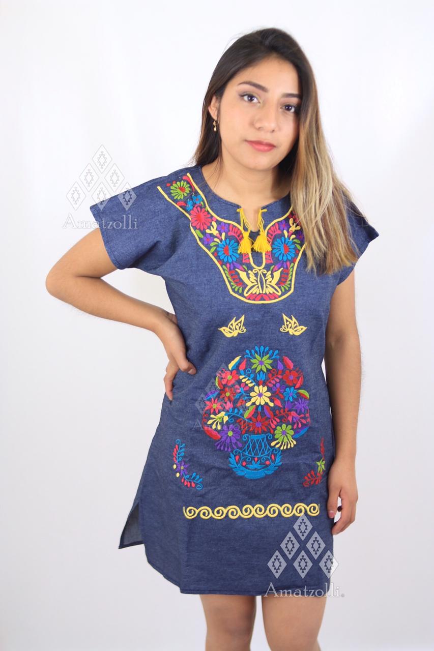 Vestido Mini Blusón de Mezclilla con Bordado Típico Mexicano – Amatzolli®