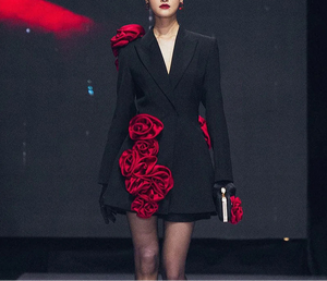 Womens Blazer Dress With Red Flower Details - Moda Moxie
