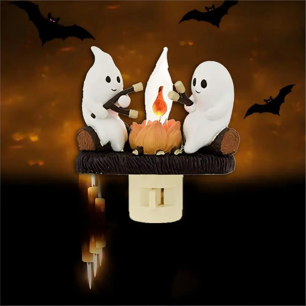 Cute ghost night light with campfire and bats, perfect for Halloween decor