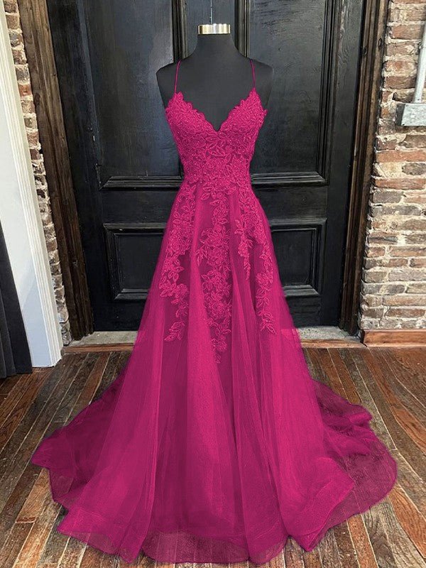 A-line V Neck Spaghetti Straps Sweep Train Tulle Prom Dress With ...