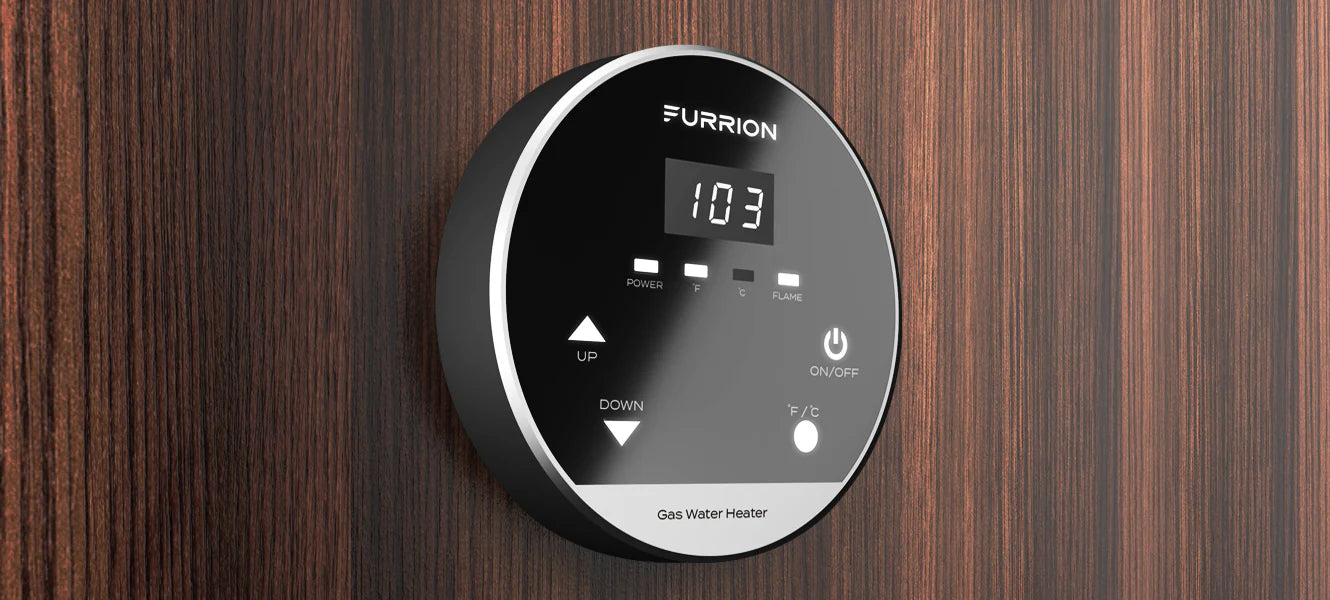 Set water to your desired temperature with the sleek wall thermostat of the Furrion tankless RV water heater