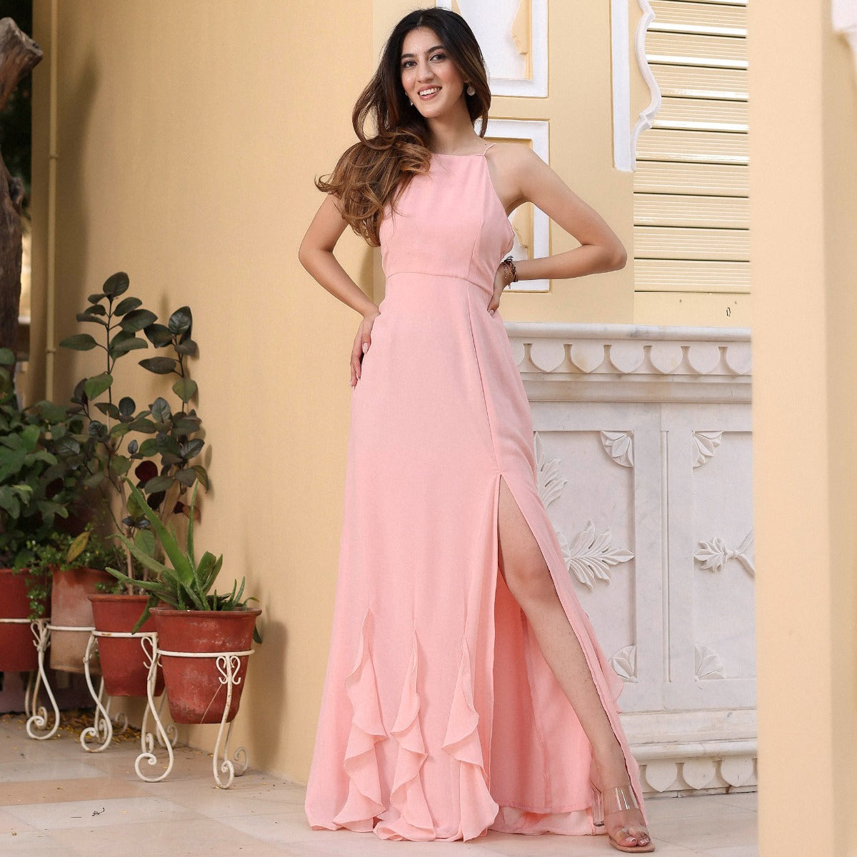 Baby Pink Georgette Long Dress, 48% OFF