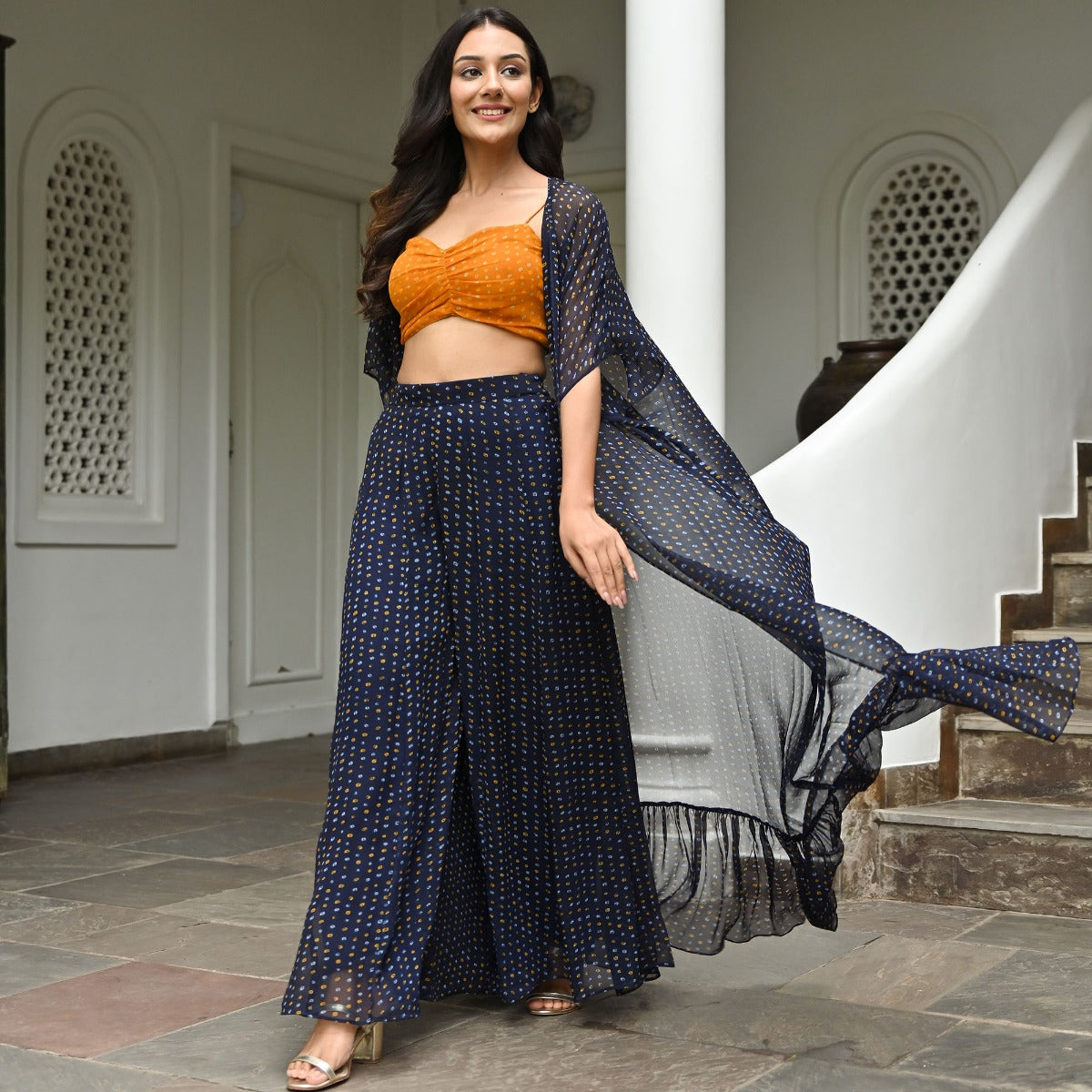 Blue Crop Top Palazzo Set With Shrug