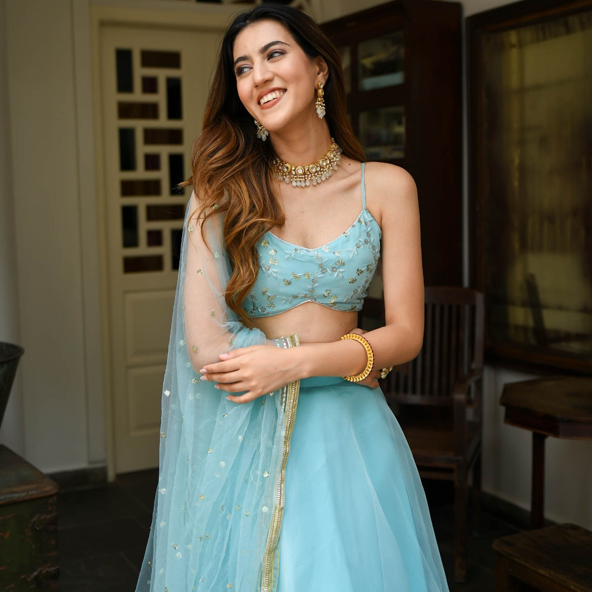 Blue Lace Lehenga Set