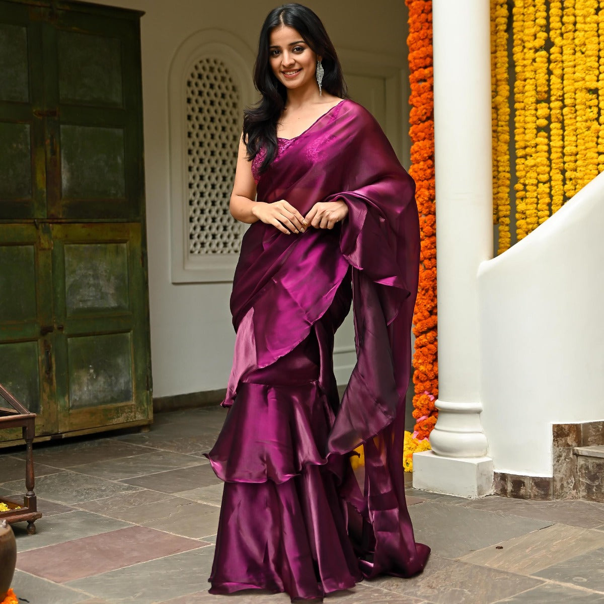 Grey Sequins Organza Ruffle Saree