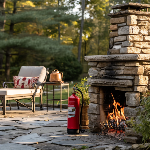 Outdoor cooking area with a fireplace
