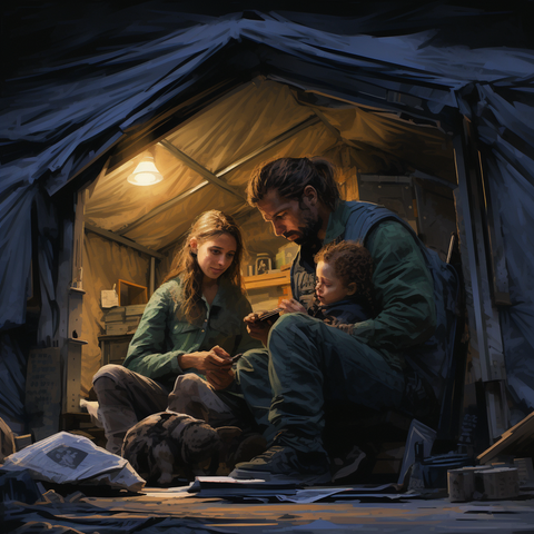 family in a makeshift shelter, preparing for survival in a post-EMP world