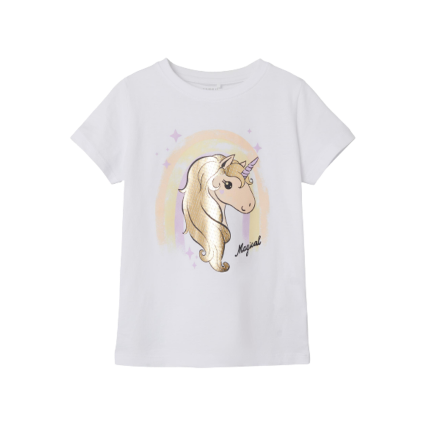 Name it T-shirt med Guld-detaljer - Hiba - Enhjørning - Bright White str. 104