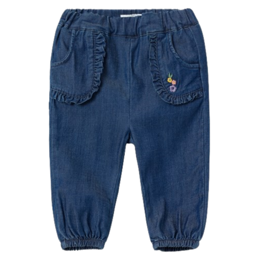 9: Name it Bløde Baggy Jeans med Flæser/broderi - Bella - Dark Blue Denim str. 80