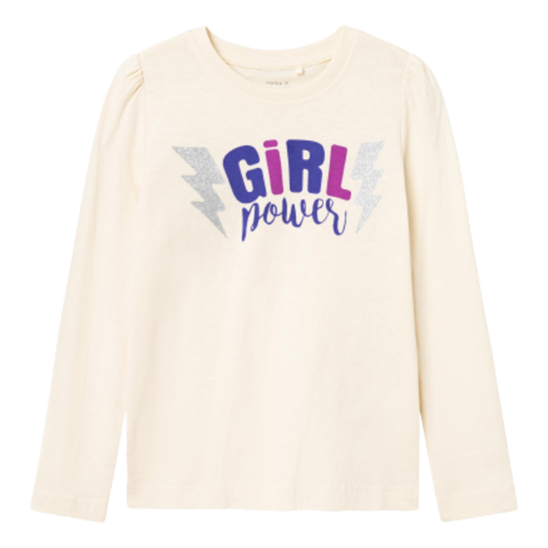 Name it T-shirt med Print og Glimmer - Roselin - Girl Power - Whitecap Grey str. 92